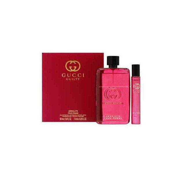 Gucci - Guilty Absolute Pour Femme Set
Starting from a mysterious touch of blackberry, Gucci Guilty Absolute Pour Femme was created for the contemporary woman. With Bulgarian rose and goldenwood, the eau de parfum combines into a multi-layered womens fragrance
90 ml Eau de Parfum 
7.4 ml Rollerball Eau de Parfum